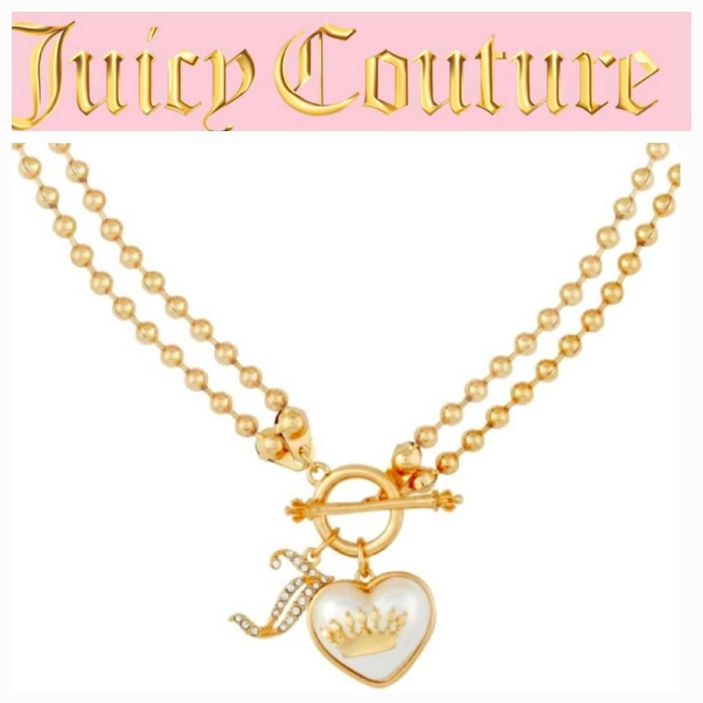Juicy Couture Heart Crown J Rhinestone Logo Double Strand Necklace